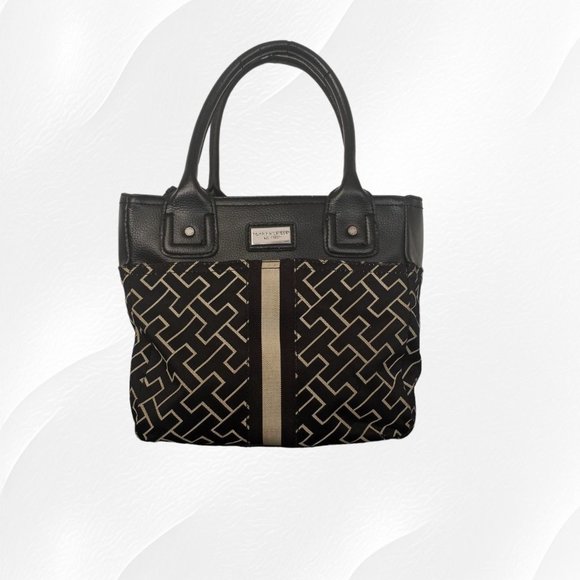 Tommy Hilfiger Handbags - Tommy Hilfilger Signature Black Faux Leather Trim Handbag Purse with Beige Highl